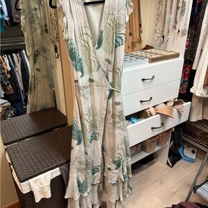 Women’s Sleeveless Floral Wrap Maxi Dress - Cream & Teal